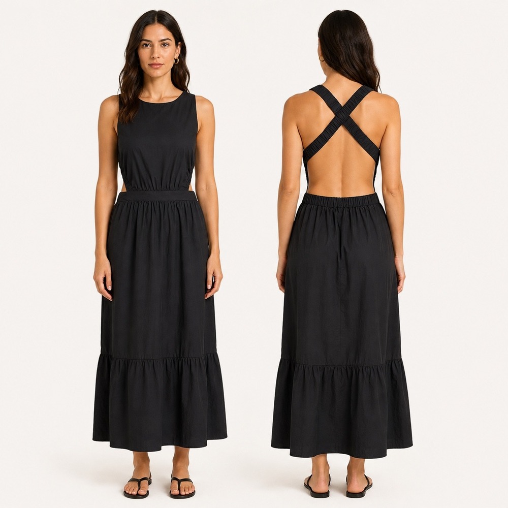English Factory Midi Dress Women Small Black Criss Cross Open Back Cutout Boho